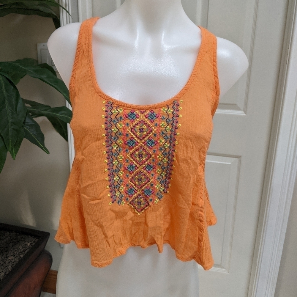 Decree Women's Orange 100% Cotton Gauze Crop Top w/Embroidery Detail Size Small